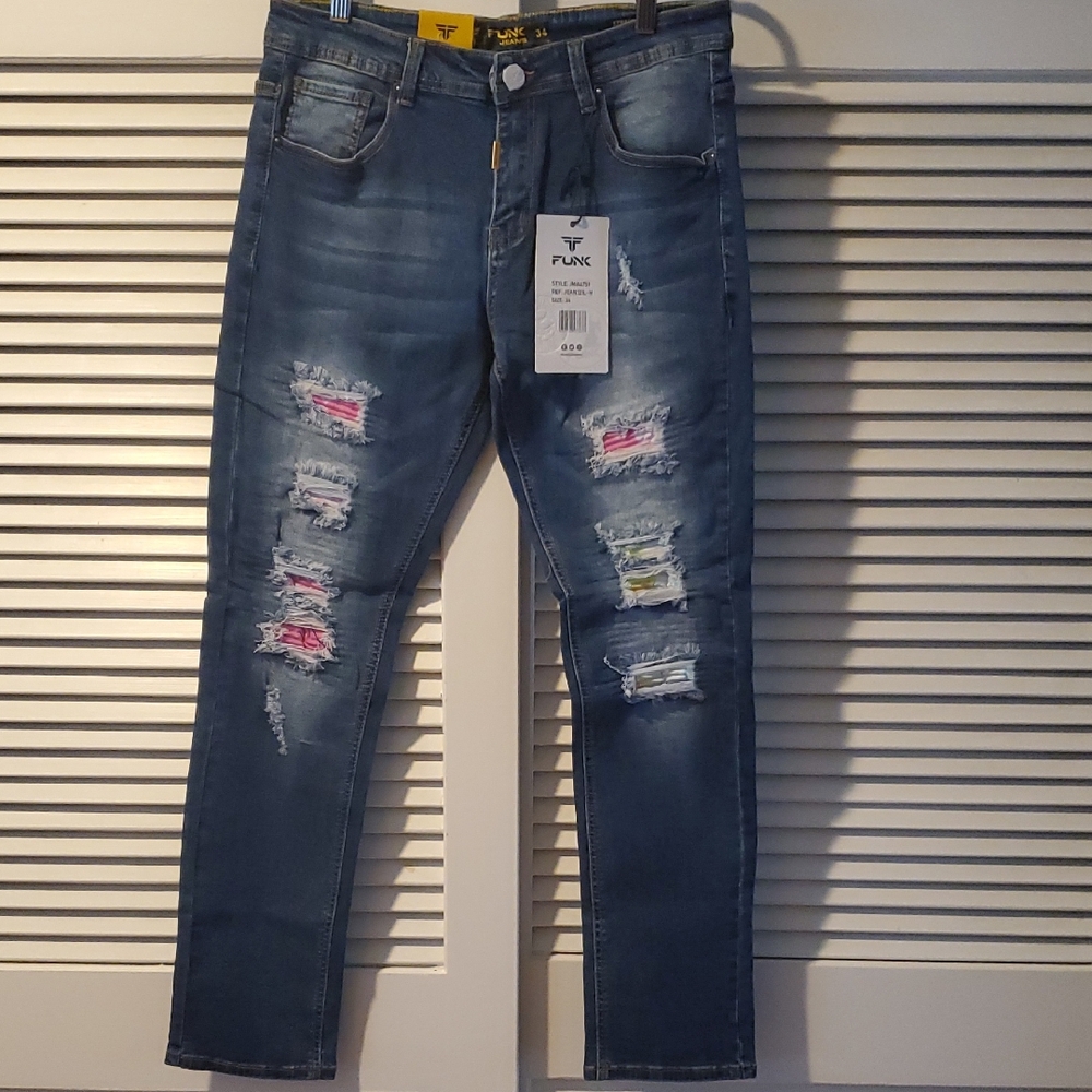 Funk Men's Blue Distressed Jeans, NWT,Size 34x32